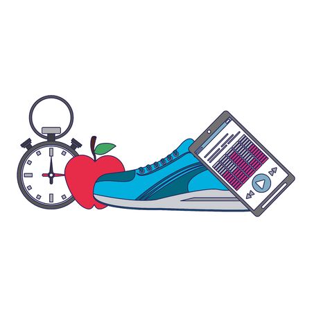 Fitness and gym equipment shoes and smartphone music with timer vector illustration graphic designのイラスト素材