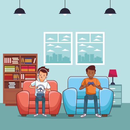 video game scene young men friends playing on couch fast car game cartoon  inside home with furniture scenery vector illustration graphic designのイラスト素材