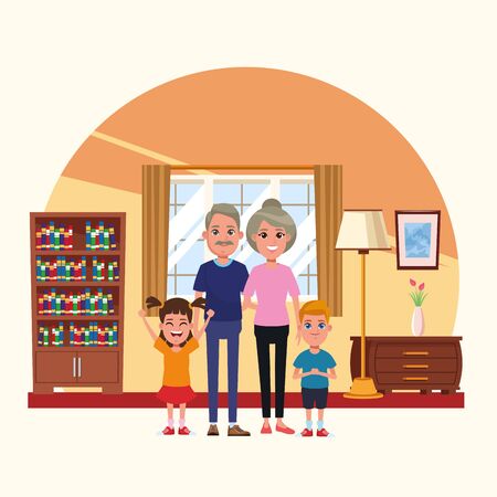 Family grandparents with kids inside home scenery cartoons vector illustration graphic designのイラスト素材