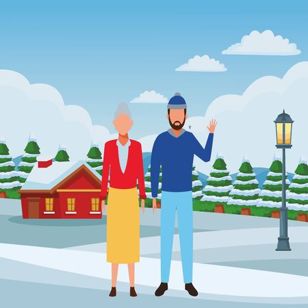 old woman and young man avatar wearing winter clothes cartoon character snowing town lanscape vector illustration graphic designのイラスト素材