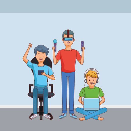 Millennial people gaming party using smartphone laptop user guy wearing vr headset vector illustration graphic designのイラスト素材