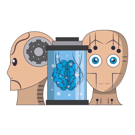 artificial intelligence concept with humanoide cyborg head and brain into maintenance cylinder icon cartoon vector illustration graphic designのイラスト素材