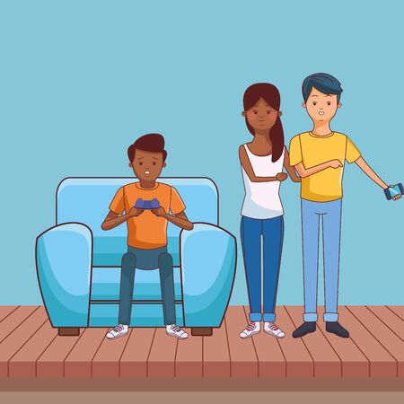 Millennial people gaming party guy sitting on couch playing holding controller using smartphone vector illustration graphic designのイラスト素材