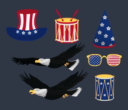 USA independence day icons, hawk sunglasses drum hat uncle sam hat vector illustration graphic designのイラスト素材
