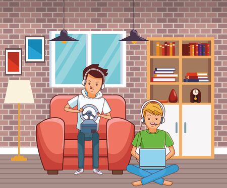 video game scene young men friends playing on couch cartoon  inside home with furniture scenery vector illustration graphic designのイラスト素材