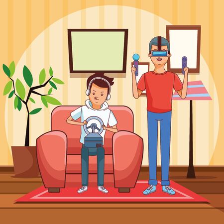 video game scene young men friends playing virtual reallity cartoon  inside home with furniture scenery vector illustration graphic designのイラスト素材