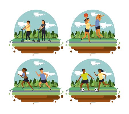 People training sports at park scenery set of cartoons, healthy lifestyle and fitness. vector illustration graphic designのイラスト素材