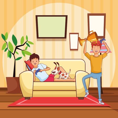 video game scene young men friends playing on couch with little pet doggy dog cartoon  inside home with furniture scenery vector illustration graphic designのイラスト素材