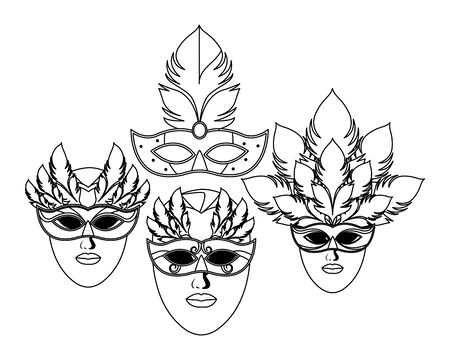 set of masks and feathers icon black and white vector illustration graphic designのイラスト素材
