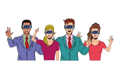 group of people with virtual reality headset avatar cartoon character vector illustration graphic designのイラスト素材