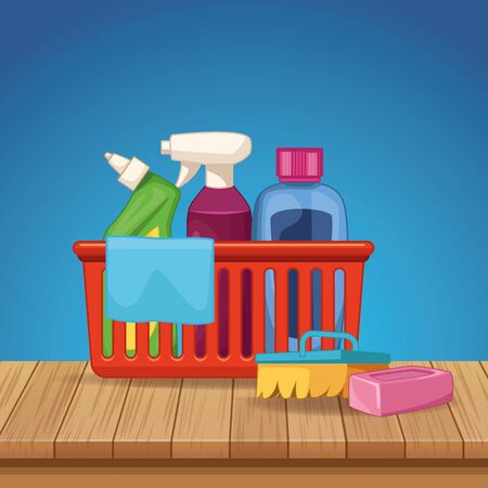 housekeeping cleaning elements products bucket over wooden floor cartoon vector illustration graphic designのイラスト素材