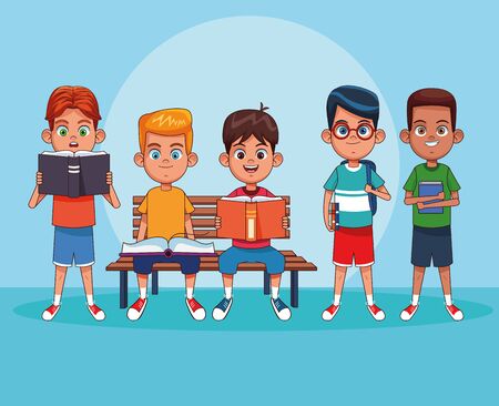 Kids reading books seated on wooden bench cartoons vector illustration graphic designのイラスト素材