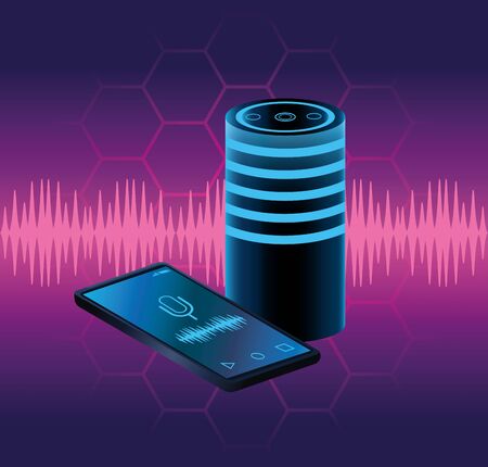 Smartphone voice recognition speaker over purples waves background vector illustration graphic designのイラスト素材