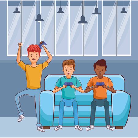 video game scene young men friends playing on couch cartoon  inside home with furniture scenery vector illustration graphic designのイラスト素材