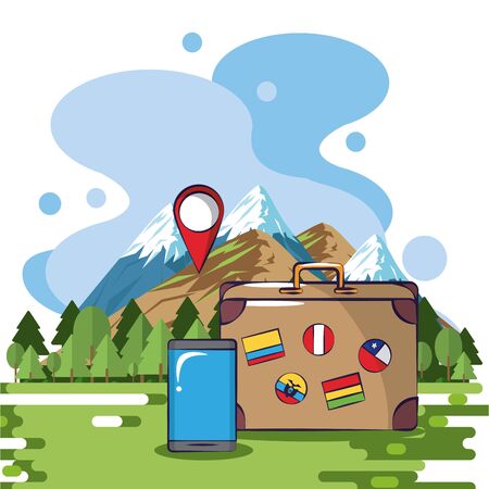 Traveling tourism exciting trip landscape location suitcase smartphone card background vector illustration graphic designのイラスト素材