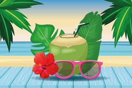 coconut drinks and sunglasses beach landscape icon cartoon vector illustration graphic designのイラスト素材