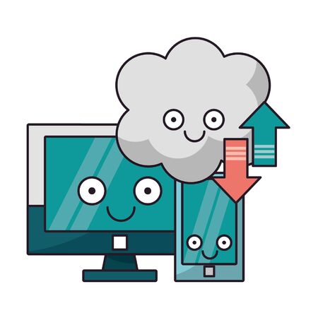Computer and smartphone with cloud computer smiling cartoons vector illustration graphic design Moon cloud and raining drop vector illustration graphic designのイラスト素材