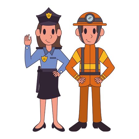 Professional workers firefighter and police officer characters cartoons vector illustration graphic designのイラスト素材
