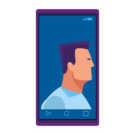 cellphone showing a man avatar cartoon character portrait vector illustration graphic designのイラスト素材