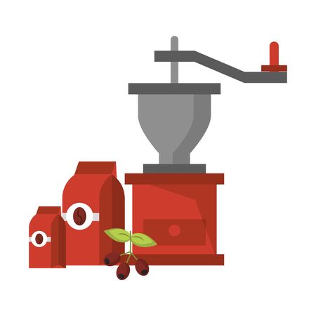 Coffee bags with beans on leaves and coffee grinder coffeeshop equipment vector illustration graphic desingのイラスト素材