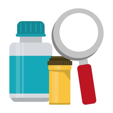 Medical healthcare supplies medicine bottles and magnifying glass vector illustration graphic designのイラスト素材