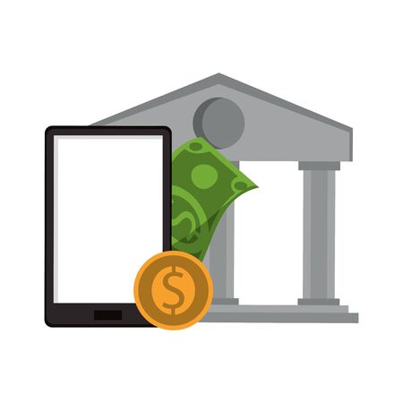 Bank building with smartphone and money vector illustration graphic designのイラスト素材