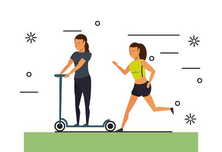 Fitness women riding scooter and running sport cartoons vector illustration graphic designのイラスト素材