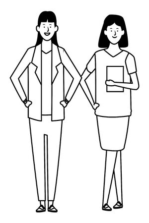 businesswomen avatar cartoon character with documents folder black and white vector illustration graphic designのイラスト素材