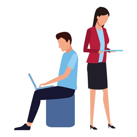 Coworkers man with laptop and businesswoman with tablet teamwork cartoon vector illustration graphic designのイラスト素材