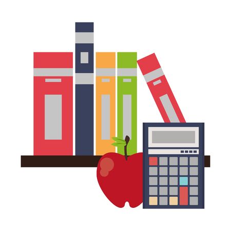 Education and school supplies books in shelf and calculator with apple cartoons vector illustration graphic designのイラスト素材