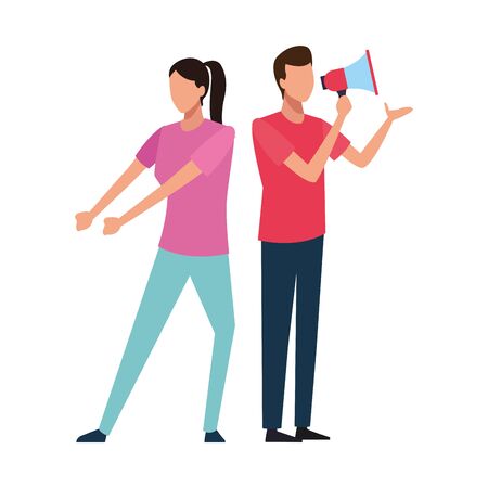 Coworkers woman pulling and man with bullhorn teamwork cartoon vector illustration graphic designのイラスト素材