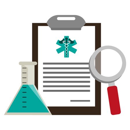 Medical healthcare supplies clipboard and magnifying glass with flask vector illustration graphic designのイラスト素材
