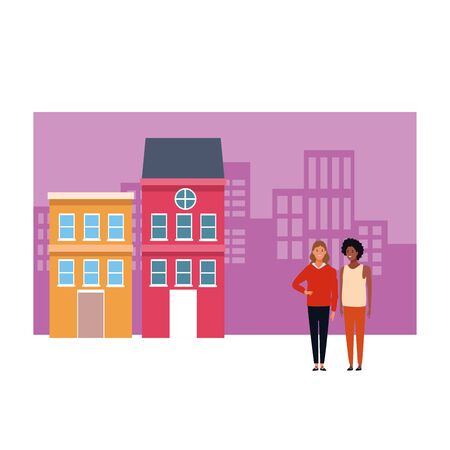 two women avatar cartoon character brunette and afro american girl with cityscape colorful buildings vector illustration graphic designのイラスト素材