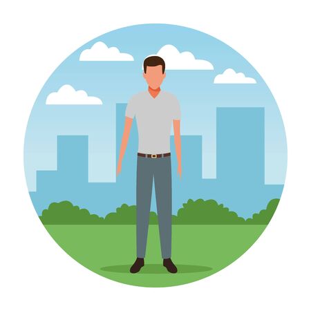 man avatar cartoon character   at cityscape round icon vector illustration graphic designのイラスト素材