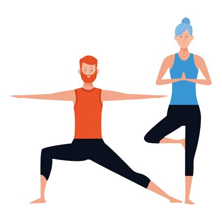 couple yoga poses avatars cartoon character with beard and bun vector illustration graphic designのイラスト素材