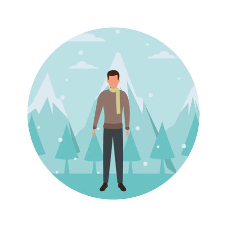 man wearing sweater and scarf avatar cartoon character snow mountain lanscape round icon vector illustration graphic designのイラスト素材