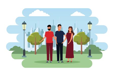 people avatars cartoon characters open arms wearing casual clothes with beard  in the city park sceneryのイラスト素材