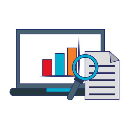 Business and office technology laptop with statistics and magnifying glass with document vector illustration graphic designのイラスト素材
