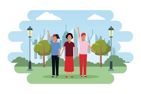 people avatars cartoon characters hand up open arms wearing hat headband  in the city park sceneryのイラスト素材