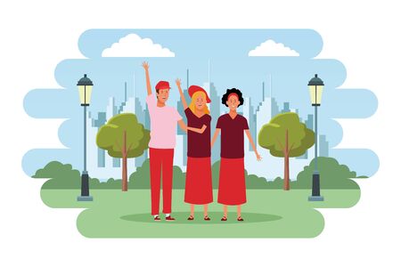 people avatars cartoon characters hand up open arms wearing hat and headband  in the city park sceneryのイラスト素材