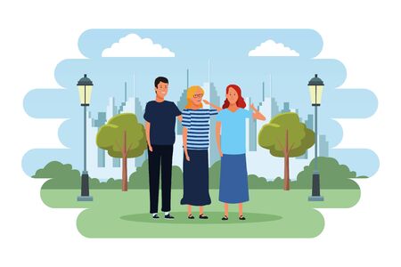people avatars cartoon characters thumb up open arms wearing glasses  in the city park sceneryのイラスト素材