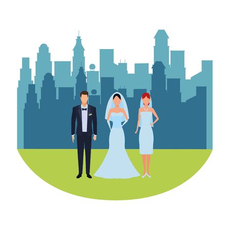 people dressed for wedding avatar cartoon character cityscape skyscraper vector illustration graphic designのイラスト素材