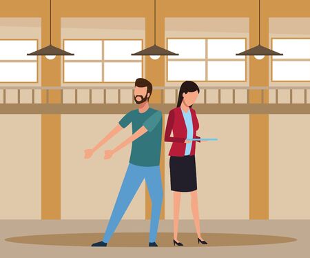 Coworkers man pulling and businesswoman with tablet teamwork cartoon inside workplace office vector illustration graphic designのイラスト素材