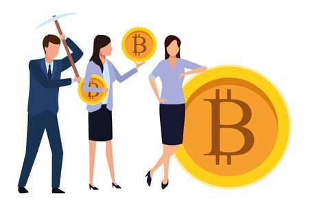 business people holding cryptocurrency bitcoin with pickaxe vector illustration graphic designのイラスト素材