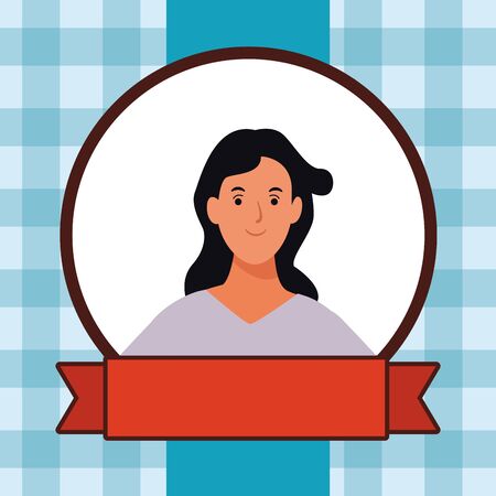 woman avatar cartoon character portrait profile style  round frame with red ribbon banner over blue background vector illustration graphic designのイラスト素材