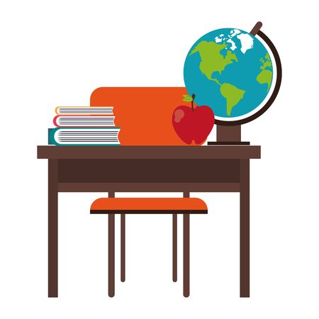 Education and school supplies desk with world globe and apple cartoons vector illustration graphic designのイラスト素材