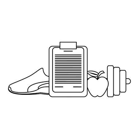 fitness equipment workout health and logbook apple with tennis and scale symbols vector illustration graphic designのイラスト素材