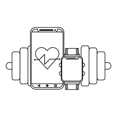 fitness equipment workout health and cardiology app watch with scale symbols vector illustration graphic designのイラスト素材