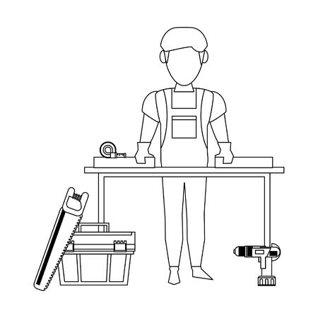 Carpenter working with wooden plank and tools on desk vector illustration graphic designのイラスト素材