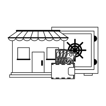 Store shop with strongbox and wallet with money symbols vector illustration graphic designのイラスト素材
